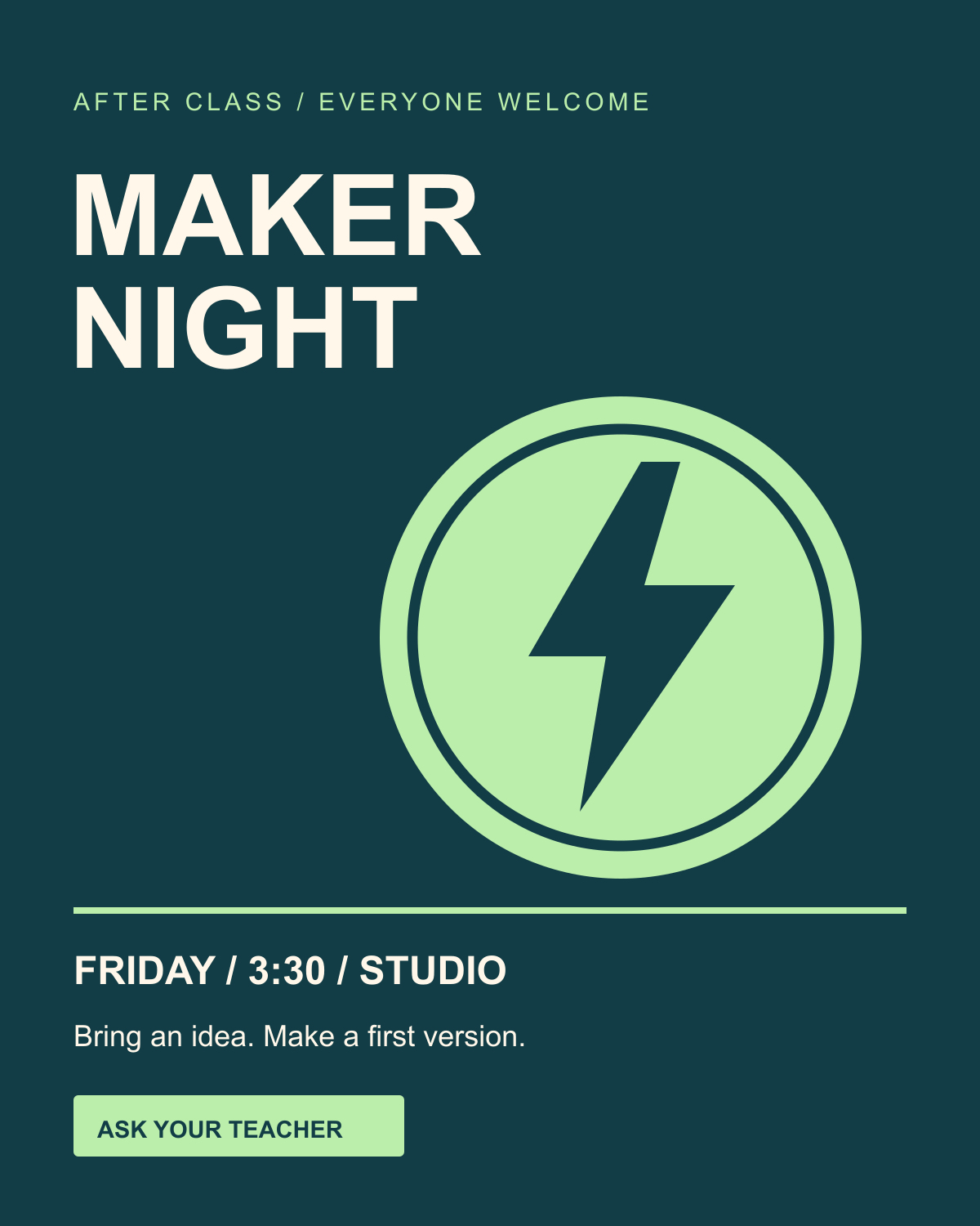 Example portrait layout with Maker Night headline, a green circular lightning badge, event details and a call to action